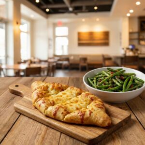 A close-up of crispy cheese bread and seasoned green beans served as appetizers.