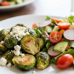 Oven-roasted Brussels sprouts and a fresh seasonal salad on a restaurant table.