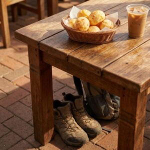 Close-up of gourmet cheese bread on a rustic patio table with hiking boots nearby.