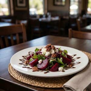 A beautifully plated dish of Californian comfort food on a wooden restaurant table.