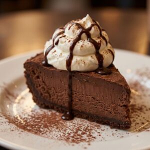 A decadent slice of chocolate mud pie dessert topped with whipped cream.