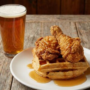 Southern fried chicken and waffles paired with a glass of amber ale on a rustic wooden table.
