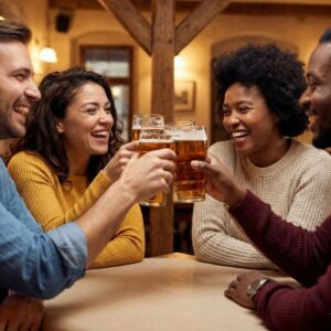 A group of diverse friends laughing and clinking beer glasses in a cozy restaurant setting.